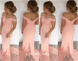 Latest Off The Shoulder Mermaid Long Evening Dresses Pink Lace Satin Zipper Back Formal Evening Gowns Prom Dresses Vestido De Noche ED1178