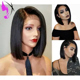 Düz Kısa Bob Siyah Peruk Sentetik Saç Dantel Ön Peruk Kadınlar Için t Bölüm Cosplay Doğal Peruk Tutkalsız 14 inç