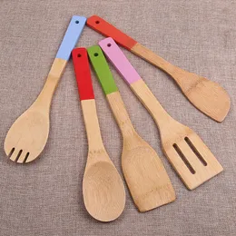 5 Colors Bamboo Spoon Spatula Portable Wooden Non-Stick Shovel Soup Spoon Kitchen Cooking Slotted Spatula Mixing Holder Shovels Espatula De Cuchara Antiadherente