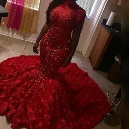 Delikatne koraliki Syrenki Prom Dresses Plus Size 2019 Koronki 3D Floral Aplikacje Suknie Wieczorowe Cekinowe Afryki Girls Pageant Red Dywan Sukienka