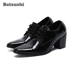 Nowy 7.5 cm High Heel Men Shoes Sentsed Toe Black Patent Leather Sukienka Botki Mężczyźni Party Zapatos de Hombre, Duże rozmiary 38-46