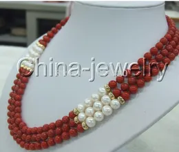 SPEDIZIONE GRATUITA + 3 file 17-19" 8mm collana di perle d'acqua dolce rotonde bianche di corallo rosso naturale