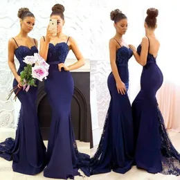 2020 Nya Spaghetti Bridesmaid Dresses Lace Appliqued Mermaid Prom Evening Gowns Bröllop Guest Maid of Honor Dress