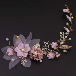 High end copper wire handmade pink flowers golden leaves bridal headdress soft bride tiara de noiva wedding hair accessories
