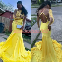 Beautiful Yellow Mermaid Lace Prom Dresses 2019 Feather Hollow Sheer African Formal Party Black Girl Evening Gowns Guest Wear Robe De Soiree