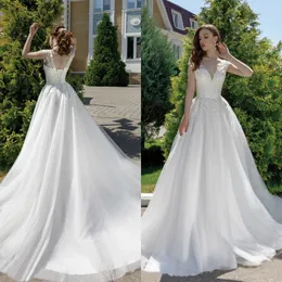 2020 Abiti da sposa da spiaggia Scollo a V Sexy Allacciatura sul retro Applicazioni di pizzo personalizzate vestido de novia robe de mari￩e Abiti da sposa