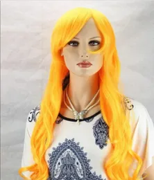 가발 무료 배송 패션 긴 노란색 곱슬 물결 모양의 여성 레이디 코스프레 머리 전체 가발 / 가발