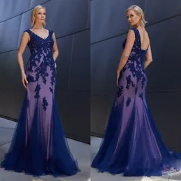 Pescoço elegante v sereia mãe da noiva vestidos de renda appliqued plus size vestido de convidado de casamento barato azul vestidos de noite