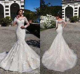 Nuovo arrivo elegante plus size abiti da sposa a sirena illusione scollo rotondo pizzo 3d appliques perline maniche lunghe abito da sposa abiti da sposa