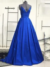 Moda Spaghetti Paski A-Line Backless Long Prom Dresses Royal Blue Evening Formal Dress Vestidos de Festa