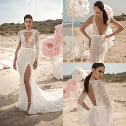 Berta Syrenka Suknie Ślubne Z Wrap Koronki 3D Kwiatowy Aplikacja Koraliki Plaża Suknia Ślubna Vestito Da Sposa Side Split Boho Suknia ślubna 4400