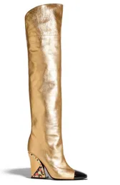 Обувь алмазные каблуки высокие ботинки кожаная кожа квадратная металлическая грабежа ног на мотоцикле для ботинка с длинными коленами TS 34-44 Gold 01 400 T-