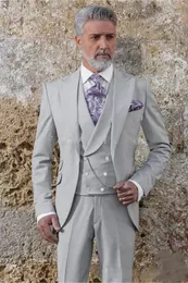 Ny design en knapp silvergrå bröllop brudgum tuxedos topp lapel groomsmen mens middag blazer kostymer (jacka+byxor+väst+slips) 467