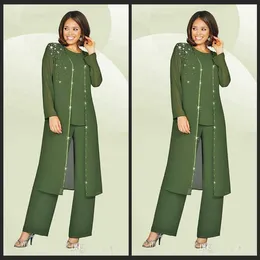 3 Parça 2019 Şifon Anne Gelin Pantolon Takım Elbise Jewel Uzun Kollu Ordu Yeşil Artı Boyutu Anne Elbise Akşam Parti Abiye Ucuz