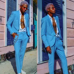 Ternos do casamento dos homens azuis do vintage Slim Fit One Button xaile lapela noivo usar smoking Formal Jacket Prom Blazer (Jacket + calça)