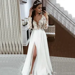 White Elegant Boho Dresses Long Sleeve Lace Appliques Side Slit Tulle Gowns New Ivory Country Beach Wedding Dress