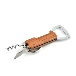 Rostfritt stål Flerfunktion Trähandtag Öl / Vinflaskaöppnare Keychain Double Hinged CorksCrew Key Ring WB1364