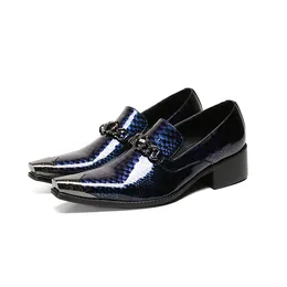 Middle Heel Men Fashion Genuine Leather Blue Print Party Formal Increase Height Business Dress Shoes Male Oxfords 6046