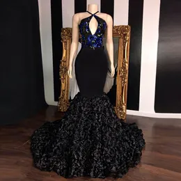 ロングケロールネックマーメイドプロム反射ドレス2022 Vネックトップスパンシンアップリケ花アフリカの女の子ブラックサテン背骨レスイブニングドレス