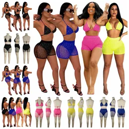 TRACKSUITS MODA EUROPEIA SOLID SOLID CORNINS SEXY SLING Sleeveless NightClub Shorts Mesh Conjunto de malha suporta lote misto