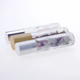 Träkorn / Silver / Bamboo 10ml Glass Essential Oljeflaska med ädelsten Rollerflaska Tomt Refillable Parfymflaskor E Liquid Roll On