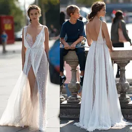 Liz Martinez Beach Wedding Dresses See Through Deep V Neck Flower Applique Bridal Gowns Sexy High Split Bohemian Wedding Dress