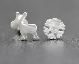 2019 Fashion Jewelry Women plated 925 Sterling Silver Earrings Wire drawing Frosted Fawn snowflake asymmetric Stud Earrings 15pairs