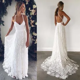 Romantik Spagetti Sapanlar Criss Cross Açık Geri Dantel Gelinlik Zarif Ülke Tarzı Plaj Boho Bohemian Düğün Giyim Sweep Tren Ile Giyim