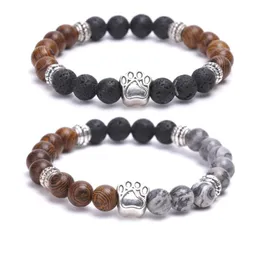 Dog Paw 8mm Wooden Gray Bead & Volcanic Lava Stone Rock Aromatherapy Essential Oil Diffuser Bracelet Yoga Strand Women Jewelry