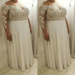 Una linea taglie forti Abiti da sposa Nuova manica lunga in pizzo Applique Perline Spiaggia Abiti da sposa in chiffon Sposa Boho Abiti da sposa pplique