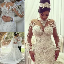 2022 Lyx Dubai Arabiska Bröllopsklänningar Mermaid Trumpet High Neck Sheer Långärmade 3D Floral Appliques Lace Beaded Tulle Bridal Gowns