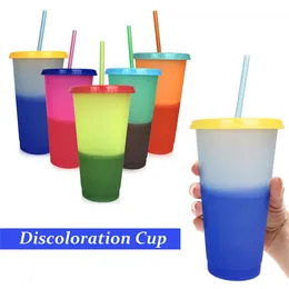24oz Color Changing Cup Magic Plastic Drinking Temperature Tumbler with lid and straw Candy colors Reusable cold drinks cup magic Coffee mug