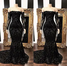 Sexy Black Off The Ramię Mermaid Prom Dresses Długim Rękawem Zipper Sweet Odkształcenie Cekinowe Formalne Party Dress Suknie wieczorowe