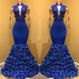 Royal Blue Rose Mermaid Prom Dresses Deep V Neck Sheer Długie Rękawy Suknie Wieczorowe 2K19 Długość piętra Zipper Back Formal Party Dress