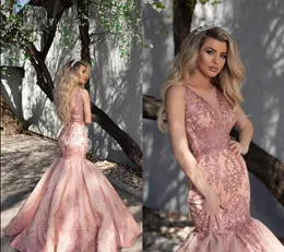 Urocze Aso Ebi Blush Pink Evening Pageant Dresses 2020 Sheer Zroszony Neck Luksusowa Koronkowa Aplikacja Haft Arabska Prom Recepcja Suknia