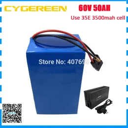 Free customs fee 60V 50AH Lithium battery 60V ebike battery pack use for samsung 3500mah 18650 cell 50A BMS with 5A Charger