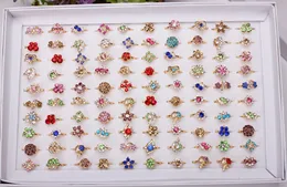 Fashion- 100pcs Mixed Assorted Flower Gold Crystal Adjustable Rings Baby Kids Girls Party Gift Jewelry With Display Box