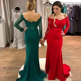 2020 Sexig Långärmad Baklösa Teal Röda Klänningar Kväll Slitage Av Skulder Lace Mjuk Satin Prom Dress Mermaid Elegant Formell Cocktail Party