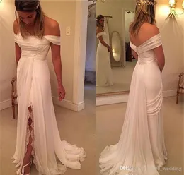 2019 New A Line Beach Wedding Dress Lace Chiffon Off The Shoulder Split Bridal Gown Custom Made Plus Size