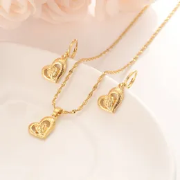 14k Yellow Gold GF Engravable Stacked Two Love Hearts Necklace Matching Earring Pendant Set