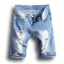 2019 Cholyl Mens Denim Shorts Summer Painted Hole Jeansショーツ膝の長さコットンスリムフィットショートパンツ男性28-38
