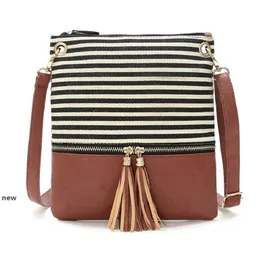 Kvinnor Stripe Tassel Handväska PU Läder Canvas Patchwork Crossbody Bag Stitching Contrast Färg Storage Väskor OOA7599-13New