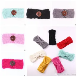 Baby Girls Headbands Fashion Wool Crochet Headband med knapp Dekor Vinter Nyfödd Spädbarn Öronvärmare Headwrap Kids Tillbehör YL670