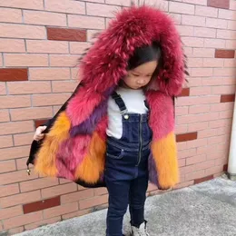 キッズフォックスの毛皮のジャケット男の子の女の子冬のパーカーナチュラルアライグマの毛皮の襟コートのアウターウェアジャケット厚い子供の本物の毛皮コートTZ92