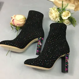 Hot Sale- Bling bling colorful crystal studded ankle boots for women runway rhinestone high heels botas spring winter sock shoes