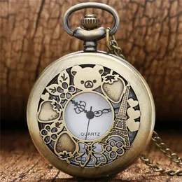 Bronze Vinatge Pocket Watch niedliche hohle Rilakkuma Paris Eiffelturm Muster mit Halskette Kette Quarz Bewegung Reloj de Bolsillo