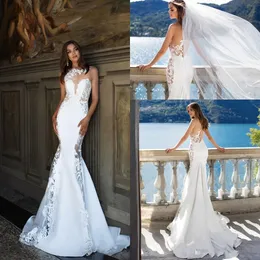 2020 Vintage Beach Wedding Dresses robe de marriage Sheer Backless with Buttons Mermaid Crew Neck Appliques Long Bridal Gowns