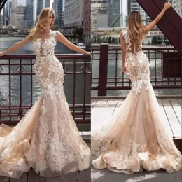 2020 Champagne Mermaid Wedding Dresses Lace Applique Sheer Neck Bridal Gowns Beach Sweep Train Wedding Dress