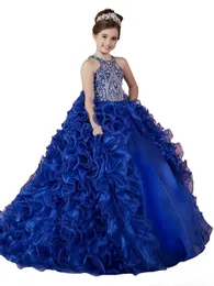 Princess Royal Blue Girls Pageant Organza Ruffle Crystal Pärlor ärmlösa bollklänningar Kids Party för Wedding Flower Girl Dresses