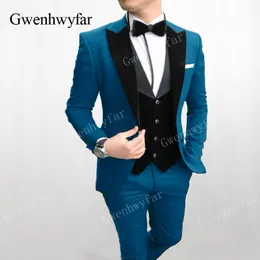 GWENHWYFARコスチュームHomme Lake Blue Formal Wedding Suits for Men Custom Mens Mens Suits Ternos Masculino Slim Fit Tuxedo 3 Peaces207l